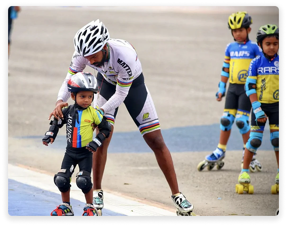 Coach teaching kids skating